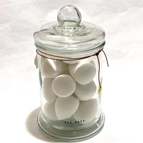 Rae Dunn BLENDING SPONGES 15 Makeup Sponges in Glass Jar White/Teal - Picture 3 of 9